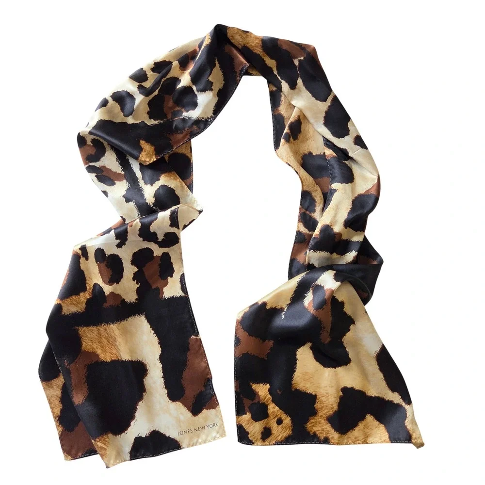 Jones New York Leopard Animal Print Satin Scarf 60x10 Brown Black Tan Long
